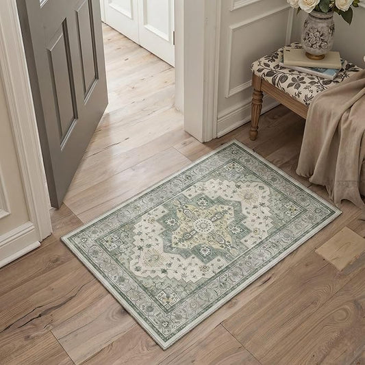 GENIMO Area Rug 2x3 Doormat, Machine Washable Low Pile Rugs, Small Retro Chenille Entryway Mat for Entrance, Hallway, Kitchen and Corridor, Sage Green