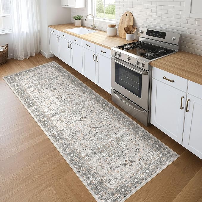 Runner Rug Kitchen Washable Rugs: 3x8 Non-Slip Boho Soft Vintage Stain Resistant Indoor Floor Neutral Farmhouse Throw Carpet for Hallway Bathroom Laundry Room Entryway Bedroom- Taupe