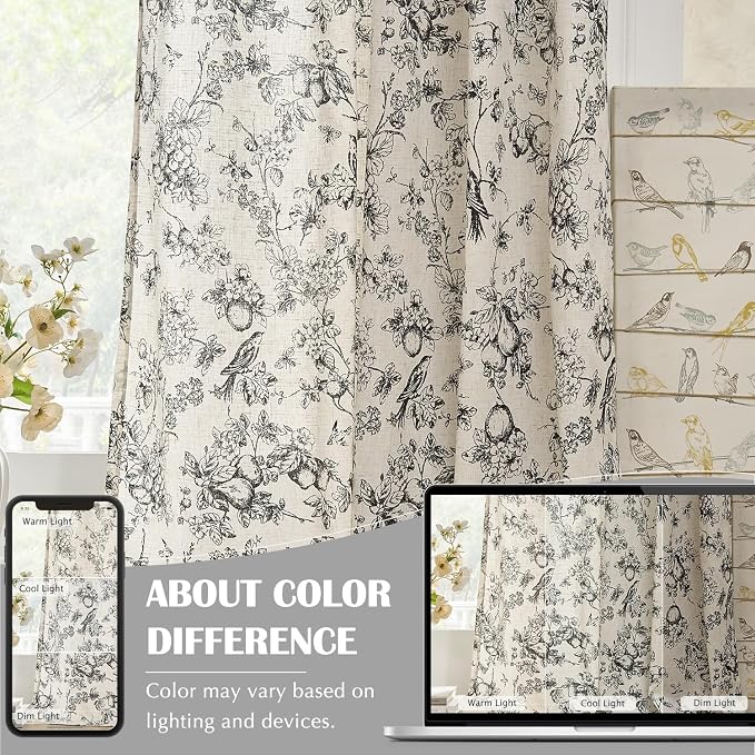 jinchan Linen Floral Curtains for Living Room 96 Inch Length Black Printed Flower Light Filtering French Country Curtain Farmhouse Cottage Core Toile Curtains Back Tab Window Drapes Set 2 Panels