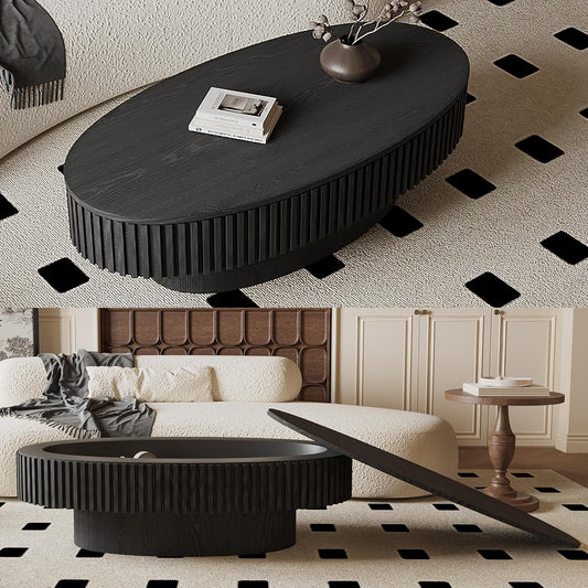 47.2''Oval Coffee Table with Storage, Mid Century Modern Fluted Drum Center Tables with Lid, Solid Wood Side Pedestal Coffee Table Tea Table for Living Room, Bedroom, Apartment-Black