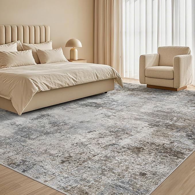 Tortania Washable 9x12 Area Rug for Living Room: Modern Abstract Neutral Large Soft Thin Rugs - Non Slip Indoor Carpet for Bedroom Dining Room Office Nursery Home Floor Decoration - Ash Taupe