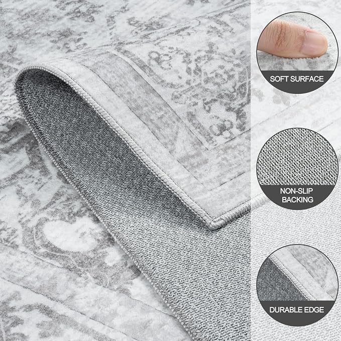 9x12 Area Rugs for Living Room:Gray Washable Vintage Medallion Rug Non-Slip Soft Low Pile Large Rugs Indoor Retro Carpet for Bedroom Kitchen Nursery Dining Table Office (Gray, 9'x12')
