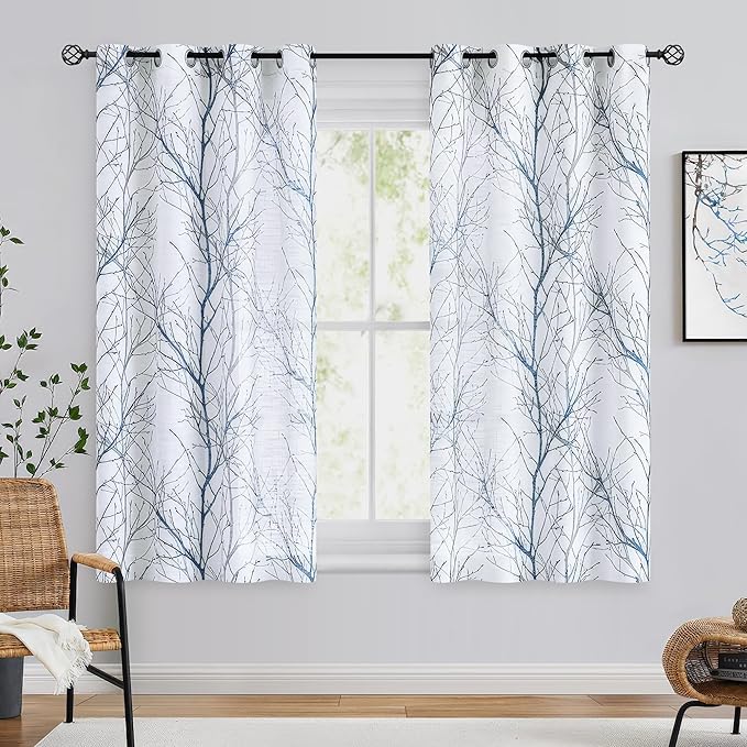 FMFUNCTEX Linen Semi Sheer Curtains for Bedroom, Blue White Curtains 54 Inches Long for Living Room, Grey Tree Branch Patterned Curtain Light Filtering Kitchen Window Drapes, Grommet Top 2 Panels