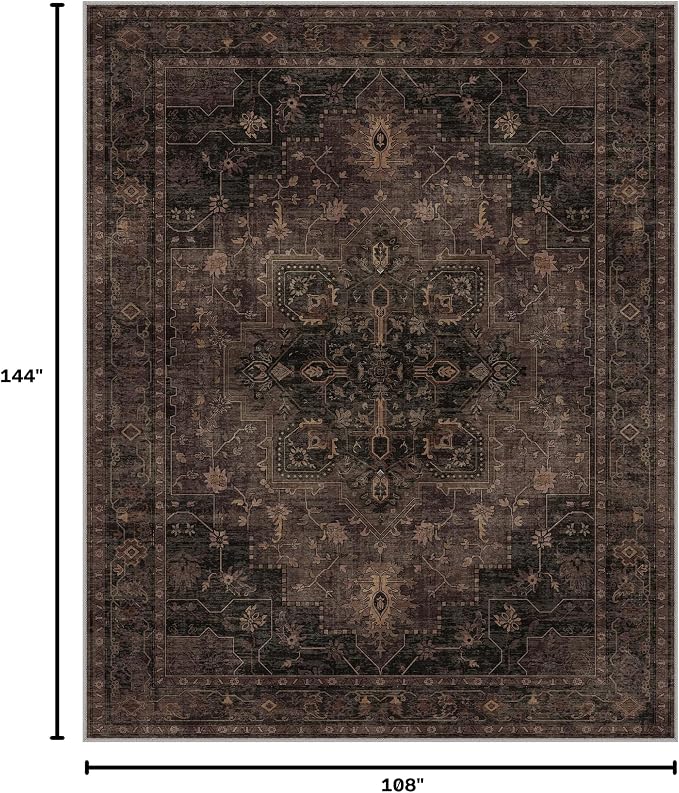 GENIMO 9x12 Area Rugs for Living Room, Machine Washable Rug, Non Slip Indoor Vintage Rug, Low Pile Lightweight Print Carpet for Bedroom Dining Room Home Office, Charcoal Brown