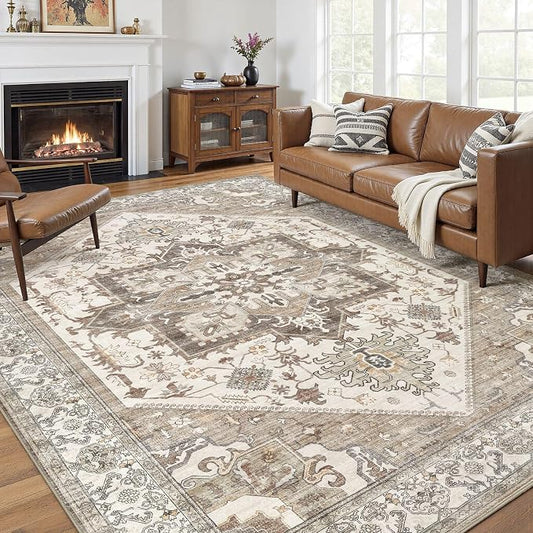 10x14 Area Rug for Living Room- Machine Washable Soft Oriental Vintage Large Indoor Floor Carpet for Bedroom Under Dining Table Home Office Decor - Beige Brown