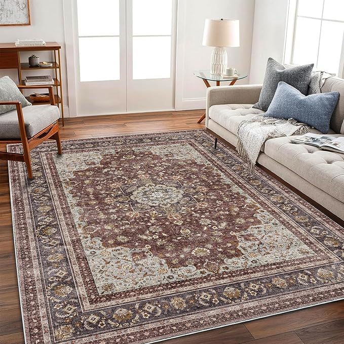 CHAMPLANT Washable Area Rug 4'x6' Traditional Floor Cover Foldable Thin Rugs Retro Kitchen Indoor Distressed Non Slip Carpet Floral Print Mat Bedroom Living Room