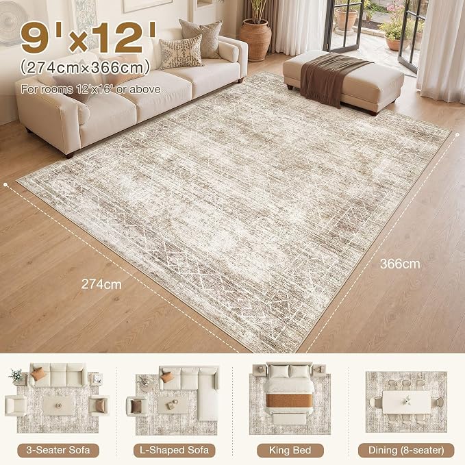 cotiled Washable Area Rugs 9x12 Living Room | Non Slip Backing, Stain Resistant, Pet Friendly, Large Neutral Soft Indoor Carpet For Bedroom, Nursery, Office, Beige/Brown