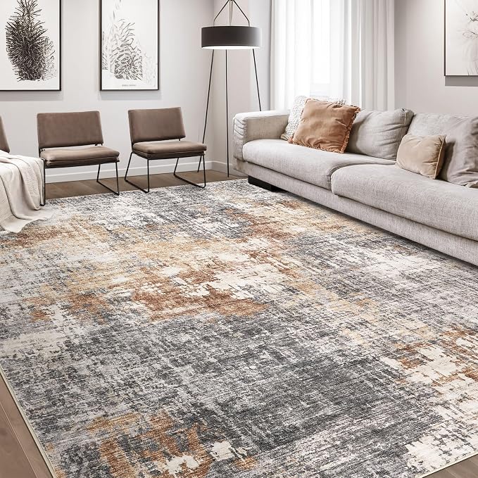 DMOYEST Square Area Rug Living Room Rugs - 10x10 Washable Large Soft Indoor Neutral Modern Abstract Low Pile Rug Carpet for Bedroom Dining Room Farmhouse Home Office - Grey Brown