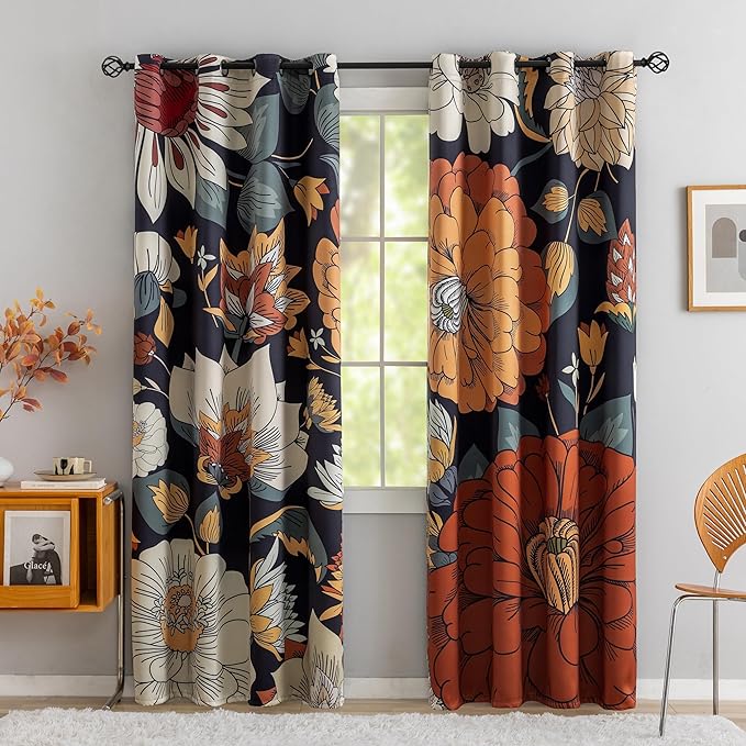 Tyrot Black Boho Floral 100% Blackout Curtains for Bedroom 63 inch Long 2 Panels Mid Century Botanical Black Out Curtains for Living Room Grommet Thermal Insulated Room Darkening Window Drapes,52Wx63L
