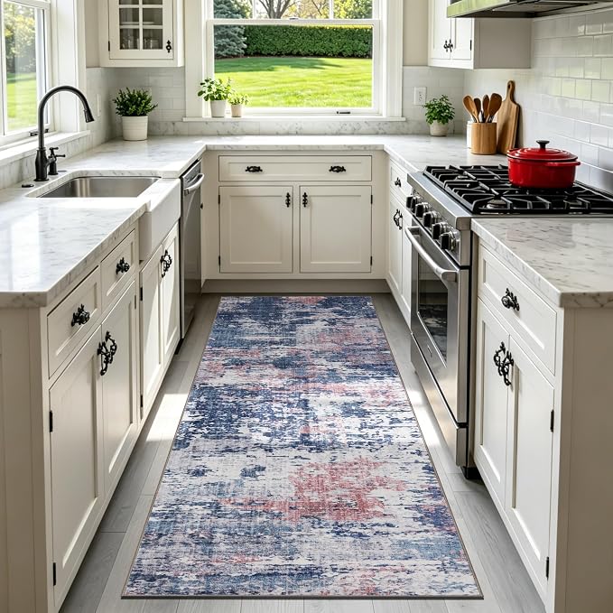 Sasttie 2x6 Soft Runner Rug for Entryway, Modern Abstract Washable Carpet for Hallway, Kitchen and Laundry Room, with Non-Slip Backing, Pink and Blue