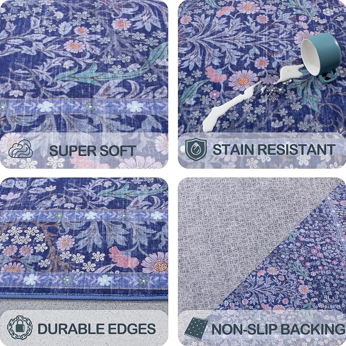 6x9 Washable Area Rugs for Living Room, Stain Resistant Vintage Rugs for Dining Room Under Kitchen Table, Bedroom, Floral Low Pile Non-Slip Large Carpet (6 x 9 Blue)
