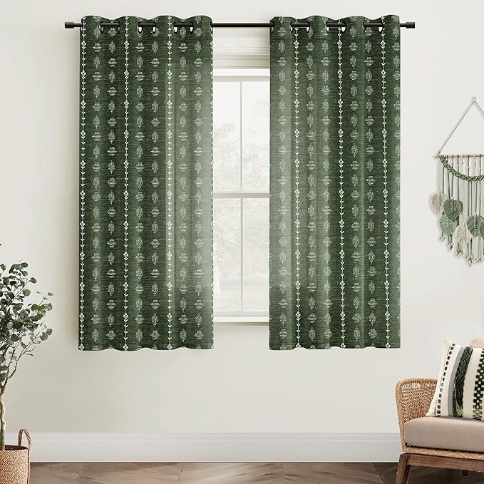 63 Inch Length Dark Green Boho Curtains 2 Panels Set, Semi Sheer Country Plaid Look Drapes for Living Room Bedroom Dining Room