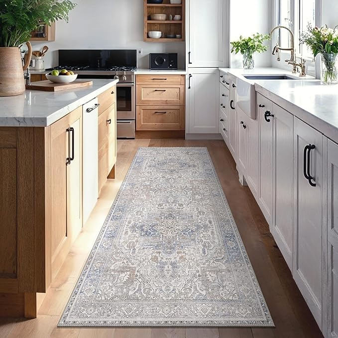 GENIMO 2'6"x8 Runner Rugs for Hallway, Machine Washable Non Slip Vintage Retro Rugs, Low Pile Lightweight Thin Print Rug for enrtyway, Corridor, Home Office, Kitchen, Khaki Blue