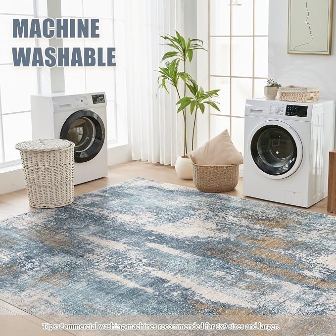 DMOYEST Area Rug Living Room Rugs - 5x7 Washable Soft Indoor Neutral Modern Abstract Low Pile Rug Carpet for Bedroom Dining Room Farmhouse Home Office - Blue Brown