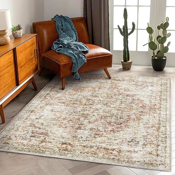 CHAMPLANT Washable Area Rug 4'x6' Vintage Traditional Floor Cover Foldable Thin Rugs Retro Kitchen Indoor Distressed Non Slip Carpet Floral Print Mat Bedroom Living Room