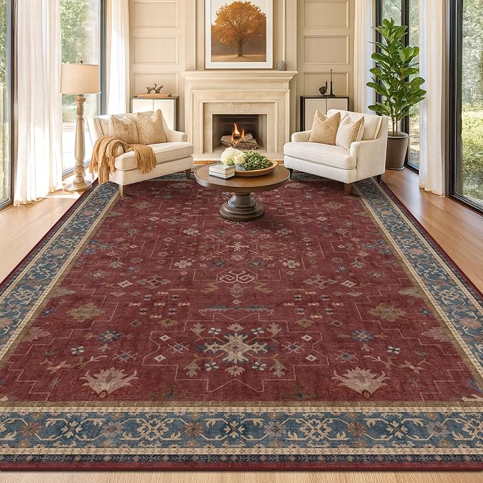 Hazo Haus Moroccan Big Rugs for Living Room - Dark Red 10x12 Area Rug for Large Bedroom, Dining Room, Washable Lightweight Foldable Oriental Burgendy Home Décor