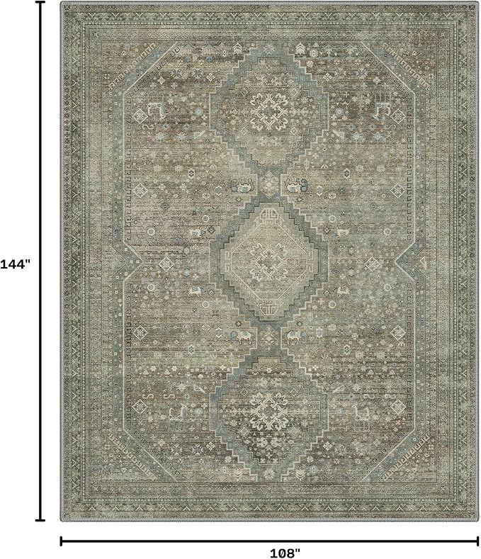 GENIMO 9x12 Area Rugs for Living Room, Machine Washable Non Slip Rugs, Low Pile Lightweight Vintage Print Rug for Bedroom, Dining Room, Home Office, Sage/Blue