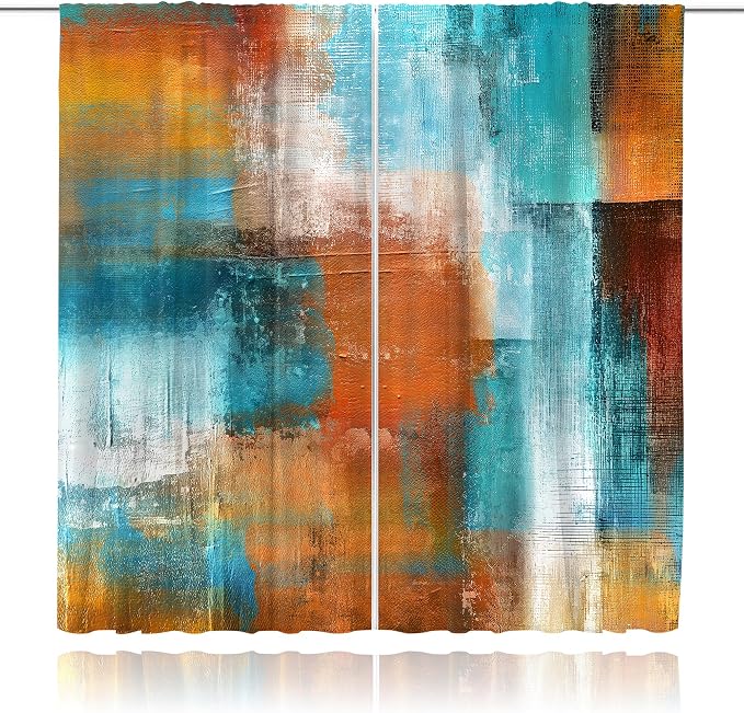MESHELLY Brown Blue Abstract Curtains 52W x 84H Inch Rod Pocket Rust Burnt Orange Teal Art Painting Modern Contemporary Watercolor Cool Oil Print Vintage Living Room Bedroom Window Drapes 2 Panel