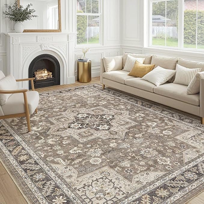 Vintage Living Room Area Rug 10x13 - Large Soft Washable Oriental Traditional Distressed Farmhouse Rugs for Bedroom - Indoor Floor Accent Carpet for Home Office House Decor - Brown