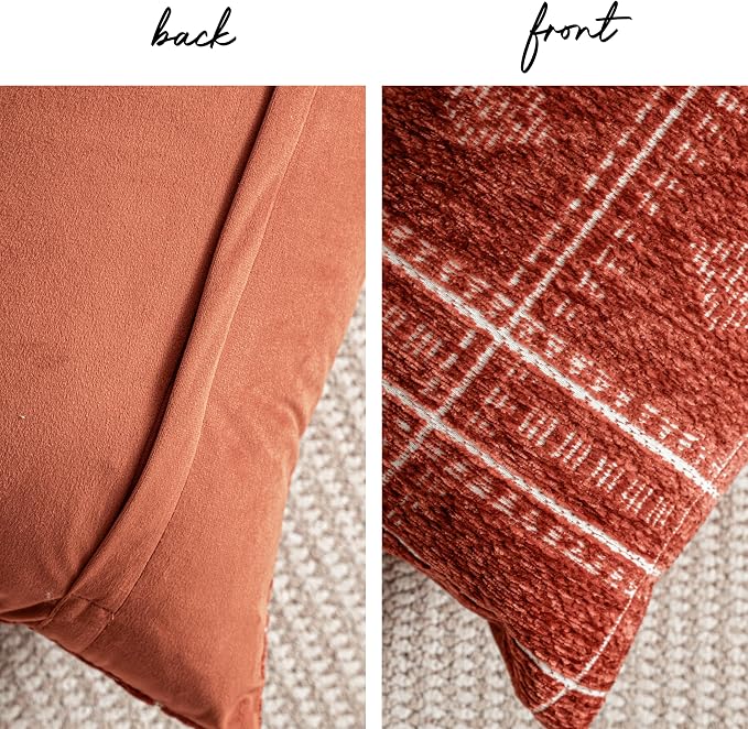 BlissBlush Decorative Throw Pillow Covers 20x20 Set of 2, Boho Textured Chenille Accent Throw Pillow Covers for Couch Sofa Bed Living Room Home Décor, Terracotta Rust Red (Cover Only)