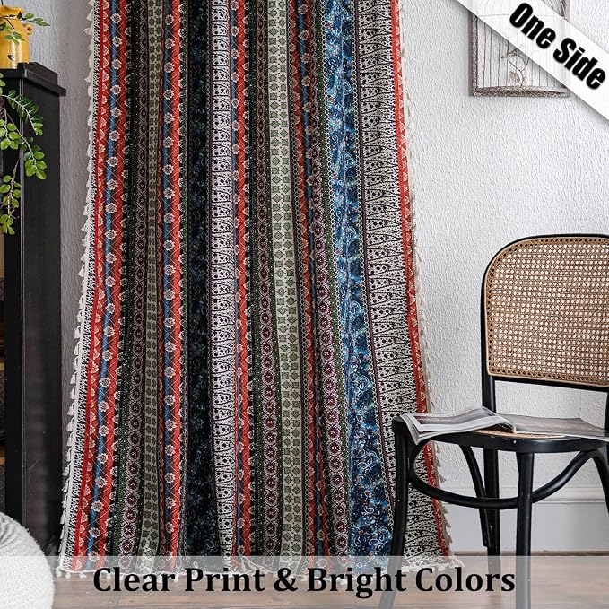 VOGOL Boho Curtains 96 Inches Length, Linen Textured Curtain Panels for Dining Room, Bohemia Style Rod Pocket Window Treatments for French Door, 1 Piece, Red & Blue