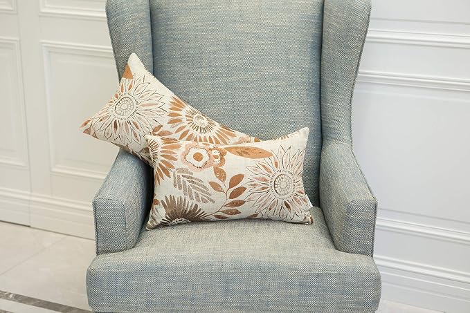 Mika Home Pack of 2 Decorative Oblong Rectangular Throw Pillow Cover Cushion Cases for Chair,Sunflower Pattern,12x20 Inches, Brown Cream
