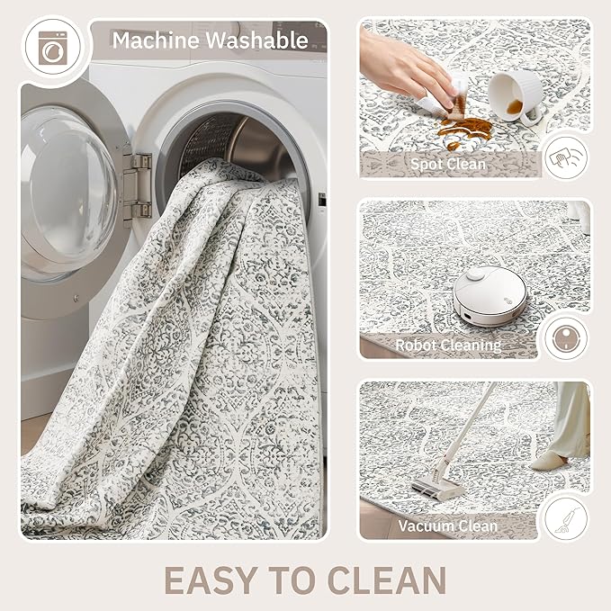 Soalmost 6x9 Area Rugs for Living Room, Washable Moroccan Trellis Soft Rug | Non-Slip Low Pile Rug Soft Throw Carpet for Dining Room Bedroom Home Office Nursery Grey, 6'x9'