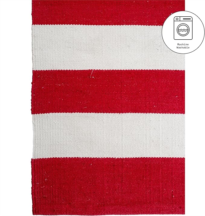Fab Habitat Machine Washable Area Rug - Hand Woven, Stain Resistant, Pet Friendly - Premium Recycled Polyester Yarn - Stripes - Bedroom, Living/Dining Room - Nantucket - Red & White - 5 x 8 ft