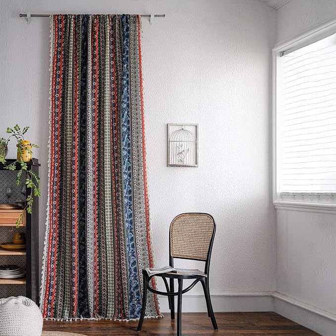 VOGOL Boho Tassel Window Curtains, 1 Panel Geometric Striped Bohemian Style Country Curtain, Cotton Linen Drapes for Bedroom Living Room, 59 x 63 Inches