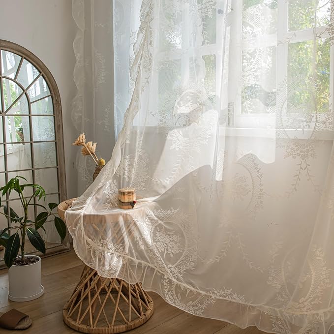 Sutuo Home Ivory Lace Curtains 108 Inches Long 2 Panels for Bedroom Living Room, Vintage Embroidered Floral Rose Sheer Curtains, Privacy Shabby Chic Windows Treatment Pair, Rod Pocket, W57 x L108