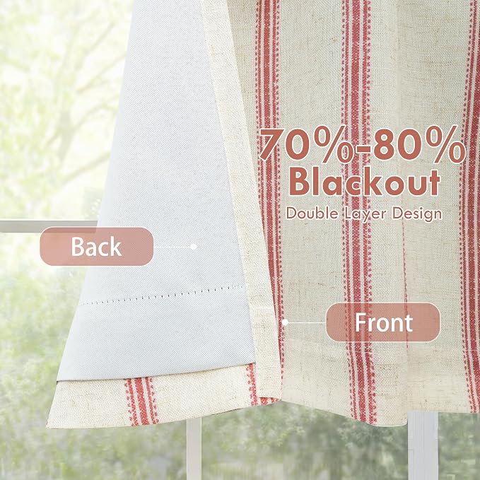 DriftAway Farmhouse Linen Lined Valance Double Layer Thermal Insulated Room Darkening Blackout Window Valances 3 Inch Rod Pocket Vertical Striped Kitchen Valance for Bathroom Single 52 x 24 Inch Red