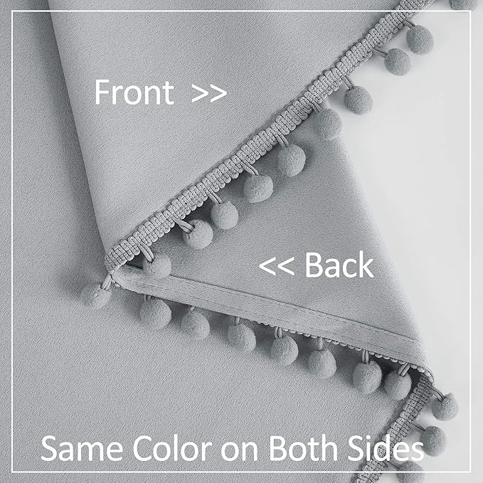 Treatmentex Pom Pom Grey Curtains for Bedroom Windows 90 inch Energy Efficient Thermal Insulated Living Room Darkening Curtain Panels Drapes Nursery Room Children 52" w x2 Panels Rod Pocket