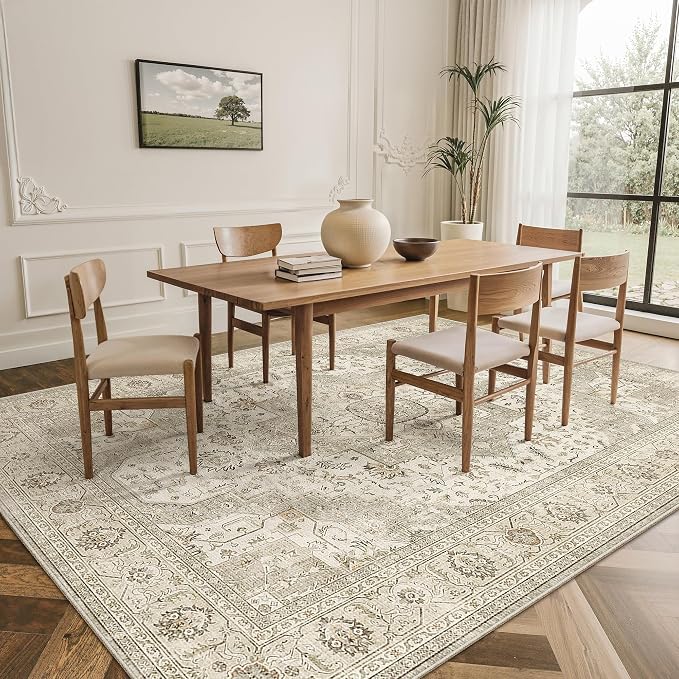 Roxstand 5x7 Washable Area Rugs for Living Room, Ivory/Beige | Non-slip Backing, Low-Pile Carpet, Stain Resistant,Rugs for Living Room,Bedroom, Dining Room, Office