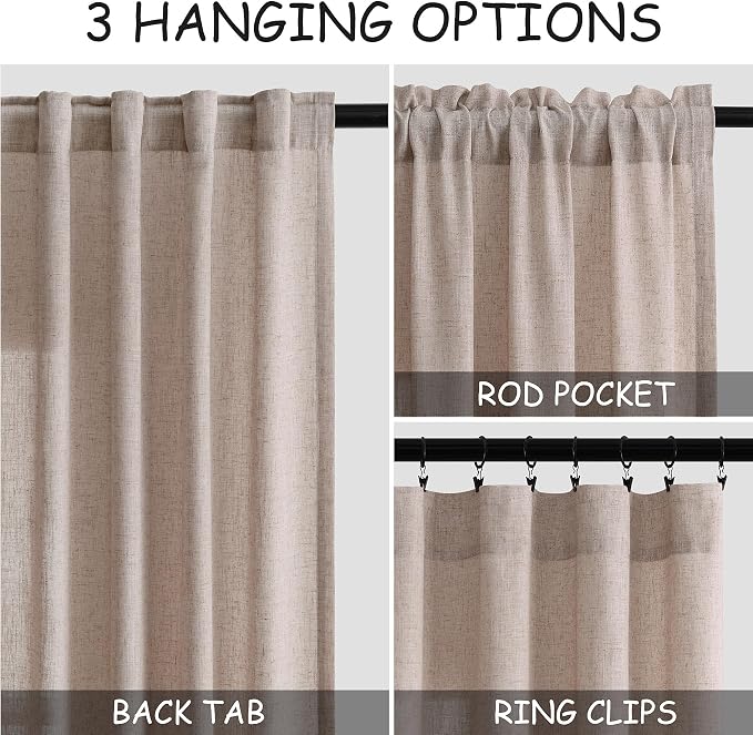 Oatmeal Linen Curtains 96 Inches Long for Living Room Rod Back Tab Vintage Rustic Farmhouse Light Filtering Curtain Burlap Textured Linen Drapes 96 Inch Length for Dinning Room Bedroom 52x96 8 FT