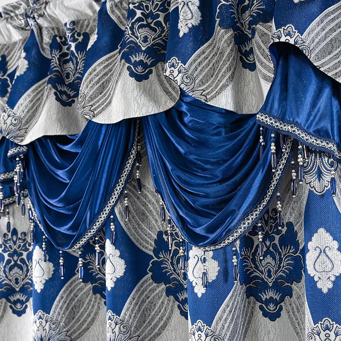 Petrichor Elegant Curtains with Gold Silver Threads 2 Panels Set - Luxury Window Treatment Attached Valance, Sheer Backing, and 2 Tie Backs for Bedroom and Living Room, 54x95 inches, Navy