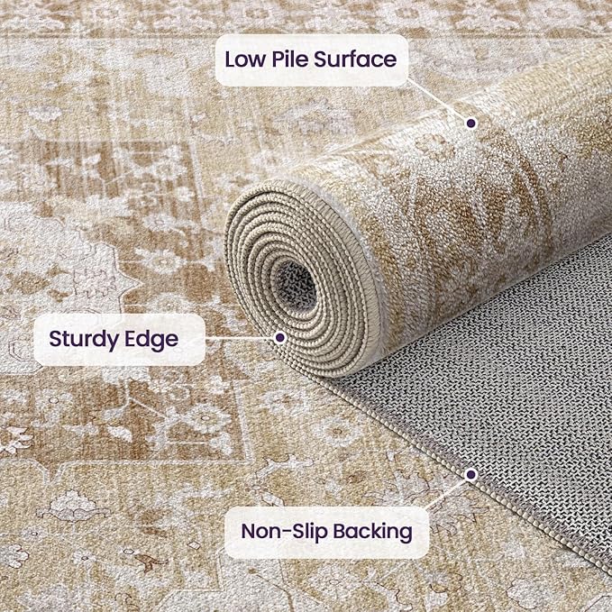 DEXI Washable Area Rug for Living Room 10x14, Vintage Farmhouse Soft Indoor Large Rugs, Stain Resistant Low Pile Carpet with Non Slip Backing for Dining Bedroom Office, Beige