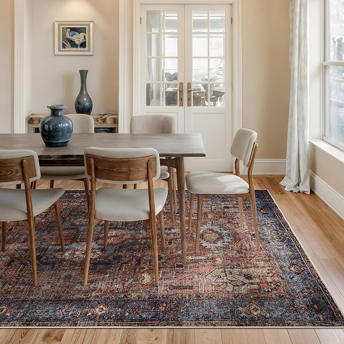Bloom Rugs Washable 9' x 12' Rug - Terracotta/Blue Traditional Area Rug for Living Room, Bedroom, Dining Room, and Kitchen - Exact Size: 9' x 12'