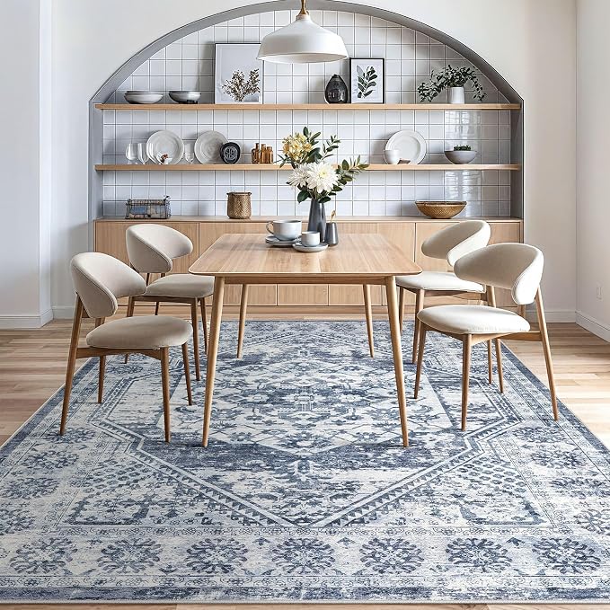 Vintage Living Room Area Rug 6x9 - Large Soft Washable Oriental Traditional Distressed Farmhouse Rugs for Bedroom - Indoor Floor Accent Carpet for Home Office House Decor - Distressed Blue