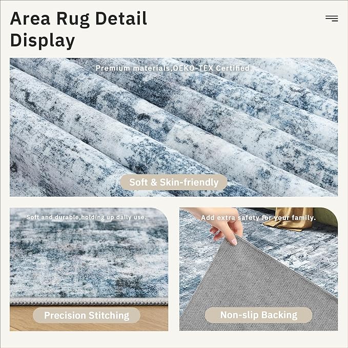 Soalmost 6x6 Blue/Grey Round Rug 6ft Living Room Circle Rug Vintage Round Area Rug Non Slip Indoor Carpet for Dining Room Bedroom