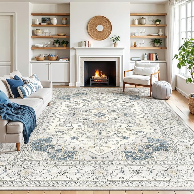 befbee Washable Rugs 5x8 - Stain Resistant 5x8 Area Rugs for Living Room, Non Slip Backing Vintage Rugs for Bedroom, Folable Machine Washable Area Rug (5'x8', BeigeBlue)