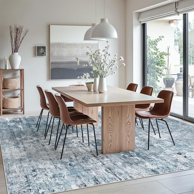 Soalmost 7x10 Area Rug for Living Room Washable Abstract Vintage Soft Thin Indoor Floor Non-Slip Carpet for Bedroom Dining Room Blue