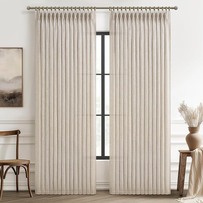Natural Linen 60 Inch Wide Pleat High Ceiling Nursery Curtains 120 Inch Extra Long , Light Filtering Memory Shape Aesthetic Windows Curtain Semi Sheer 10 FT Length Drapes for Kids Room 2 Panels Set