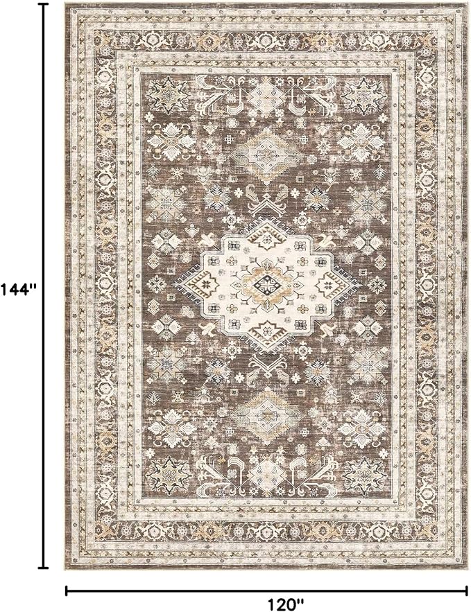 Vintage Living Room Area Rug 10x12 - Large Soft Washable Oriental Traditional Distressed Farmhouse Rugs for Bedroom - Indoor Floor Accent Carpet for Home Office House Decor - Dark Brown