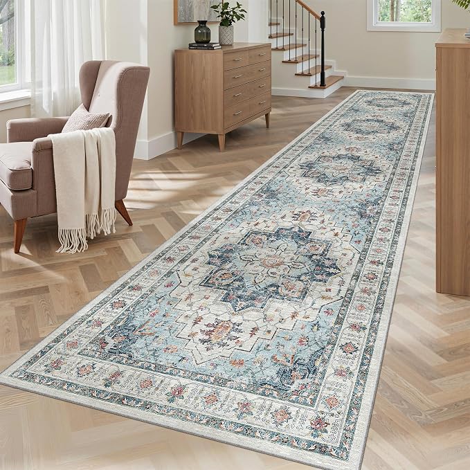 Madane Hallway Runner Rug 2'6''x12' Kitchen Runners Vintage, Blue | Non-Slip Washable Rugs 12ft for Laundry Room, Entryway and Bedroom, Soft Low Pile Stain-Resistant Wide 2.5x12 Ft Floor Carpet