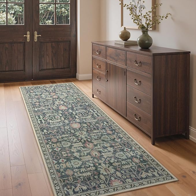 Bavni 2x5 Rug Runners for Hallways, Washable Runner Rug Non Slip,Vintage Floral Print Style Rugs for Bedroom-Lightweight Low Pile Carpet for Hallways Bathroom, Green/Blue