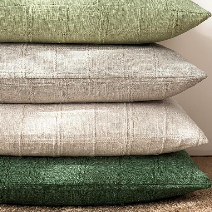 Foindtower Set of 2 Decorative Linen Check Throw Pillow Covers Neutral Farmhouse Vintage Cushion Covers Modern Boho Accent Home Decor for Sofa Chair Couch Bedroom Living Room,26×26 Inch,Forest Green