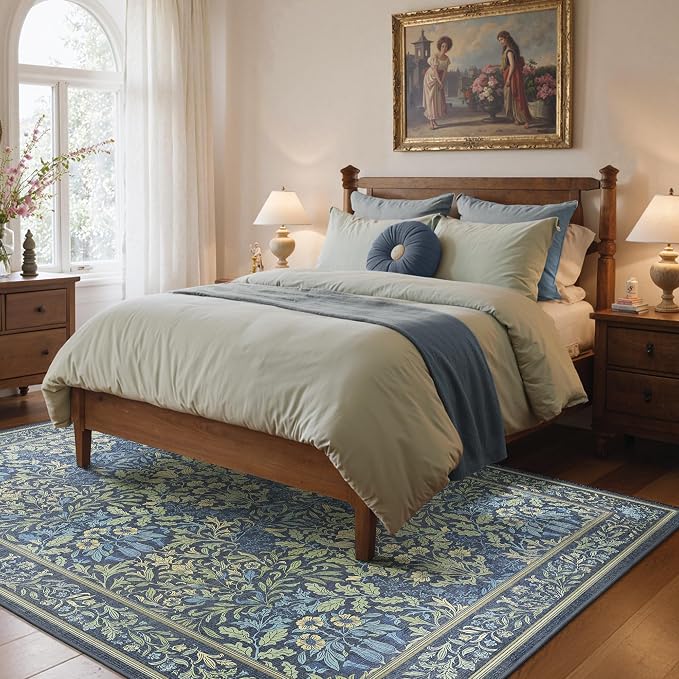 GENIMO 3x5 Washable Entryway Rug, Non Slip Bedroom Mat, Dark Blue | Vintage Boho Floral Low Pile Thin Carpet for Bedroom, Dining Room, Nursery, Indoor Decor