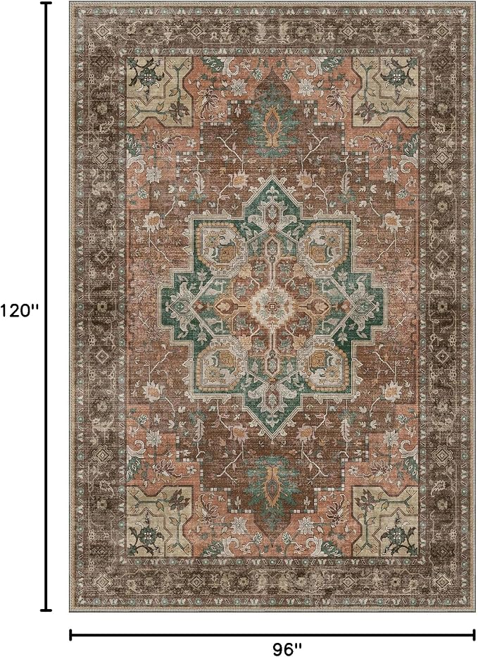 GENIMO 8x10 Area Rugs for Living Room, Machine Washable Non Slip Vintage Rugs, Low Pile Lightweight Print Rug for Bedroom, Dining Room, Home Office, Rosewood
