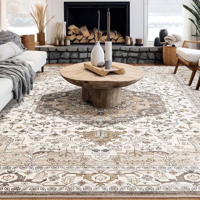 Area Rug for Living Room - 5x7 Soft Washable Oriental Vintage Floral Distressed Large Carpet - Fade Stain Resistant Non Slip Rugs for Bedroom Dining Room Nursery Dorm Office Home Decor-Camel/Beige