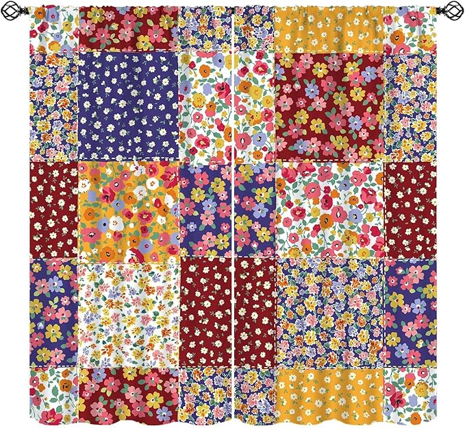Boho Floral Patchwork Blackout Curtains Vintage Flower Bohemian Colorful Spring Retro Print Window Drapes for Bedroom Living Room Kitchen Cafe （W27.5xL63 Inch） x2 Panels